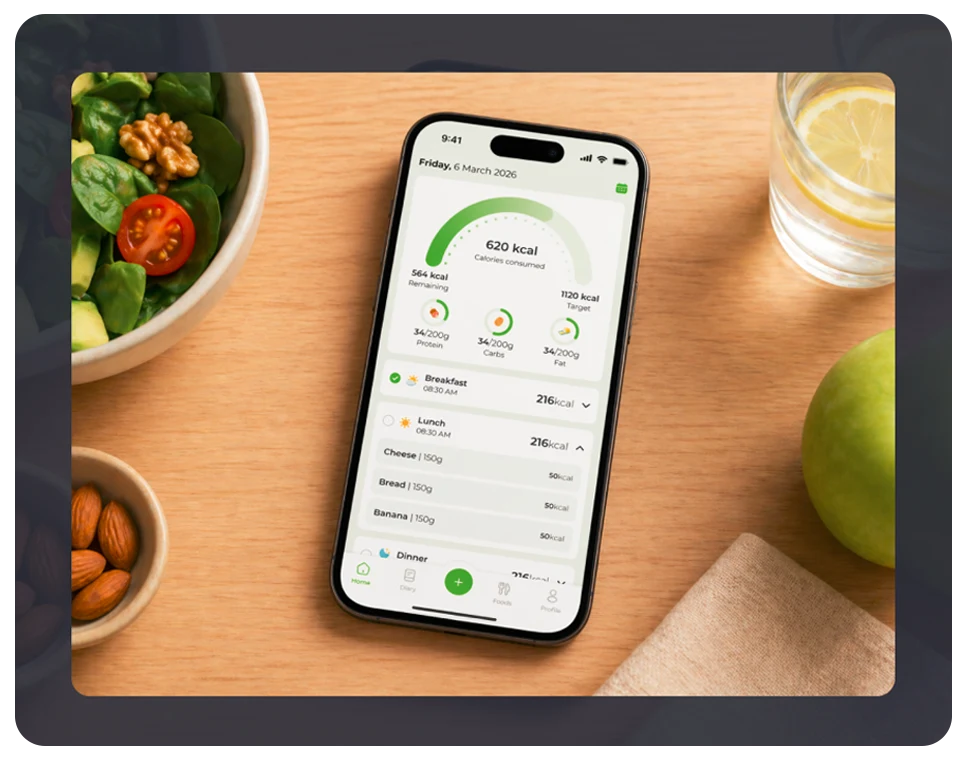 Eatper application shown on a phone beside fresh food