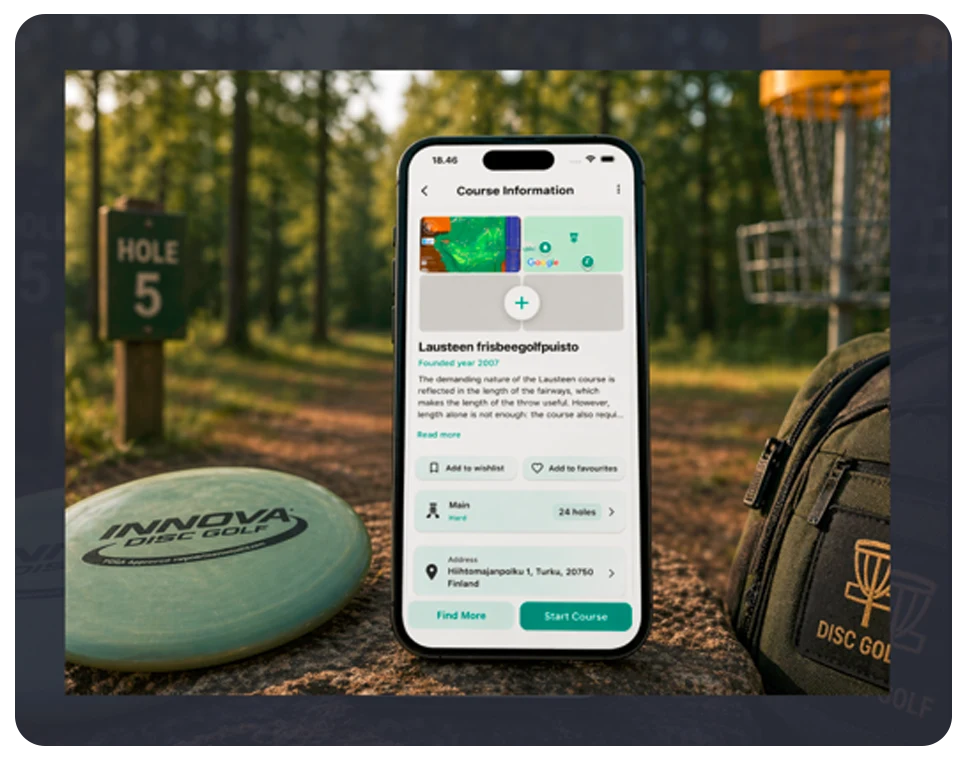 Scoreper application shown on a phone at a disc-golf course